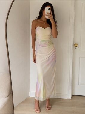 Zara Romantic Ruched Mesh Midi Dress Pastel Watercolor Strapless Size M